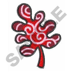 Whimsical stylized leaf design in vibrant red and pink, featuring playful swirls, perfect for fall decor.