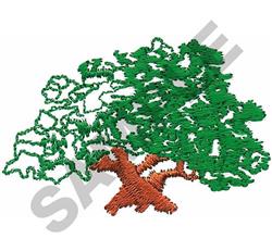 Stylized tree with a green canopy and brown trunk, featuring distinct leaf outlines in a simple design.