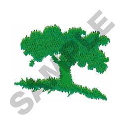 Stylized tree with vibrant green foliage and simple trunk, accented by a grassy base.