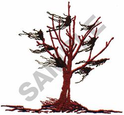 Stylized tree with dark red bare branches twisting upward, accented by dynamic black swirling lines.