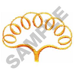 Stylized tree in simple embroidery with colorful yellow and orange looping branches and leaves.