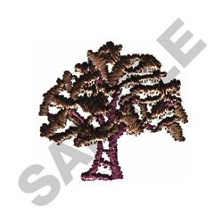 Stylized tree with rich brown foliage and a deep purple trunk, featuring detailed embroidery stitches.