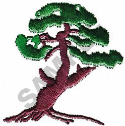 Stylized tree with a dark brown trunk and vibrant green leaves, showcasing a colorful, naturalistic design.