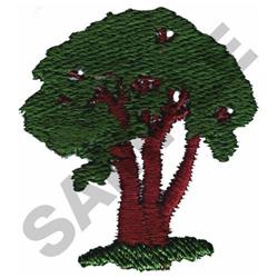 Stylized tree with lush green leaves and a reddish-brown trunk, resting on vibrant grass, simple and colorful embroidery.