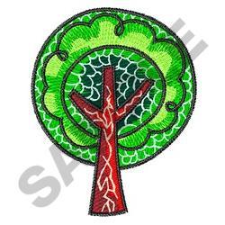 Stylized tree with vibrant green leaves, striking red trunk, and detailed bark pattern, perfect for embroidery.