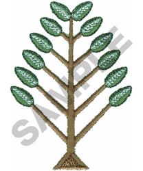Stylized tree with a brown trunk and branches, adorned with textured green leaves in a modern style.