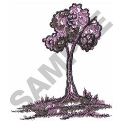 Whimsical tree with purple foliage, dark trunk, and muted purple grass at its base, perfect for embroidery.