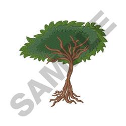 Stylized tree with a broad canopy of green leaves, detailed brown trunk and roots, perfect for nature-themed projects.