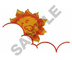 Colorful sun with a smiling face in bright yellow, surrounded by playful red outline clouds, perfect for spring/summer.