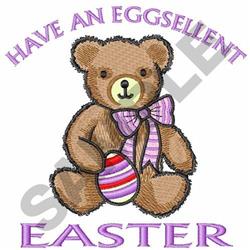 Cute teddy bear with a large bow holding a colorful Easter egg, featuring playful text for a festive design.