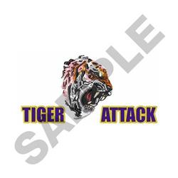 Fierce tiger head in dynamic orange, black, and white, with bold 'TIGER ATTACK' text in purple. Perfect for sports apparel.
