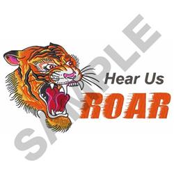 Tiger head in vibrant orange and black colors with a fierce expression, paired with bold 'Hear Us ROAR' text.