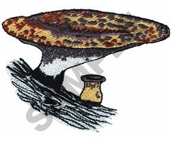 Realistic toadstool mushroom with a vibrant, speckled cap on a textured log, showcasing intricate details.