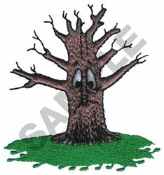 Whimsical tree with a brown trunk and expressive eyes, set against vibrant green grass in a playful style.
