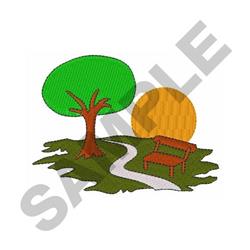 Playful tree with a bright green canopy and rustic brown bench beside a sunny yellow sun on a path.
