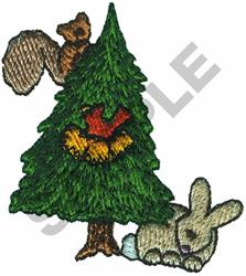 Cartoon tree with a fluffy brown squirrel on a branch and a soft, sleeping rabbit below in vibrant colors.