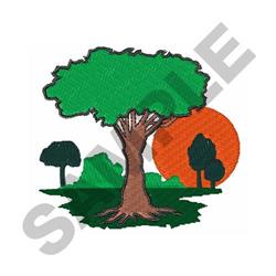 Vibrant tree with green leaves and brown trunk against an orange sun, featuring cartoonish hills and nature elements.