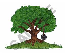 Cartoon tree with vibrant green leaves and a thick brown trunk, featuring a playful black tire swing.