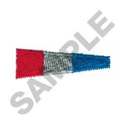 Decorative triangular flag in bold colors of red, silver, and blue, featuring a simple geometric design.