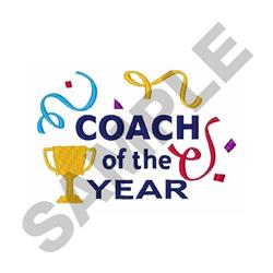 Colorful trophy design with ribbons and confetti for award ceremonies featuring 'COACH of the YEAR' text.