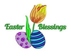 Colorful tulip blooming beside two decorative Easter eggs with purple and blue patterns, celebrating spring festivities.