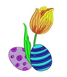 Colorful tulip flower with greenery beside purple and blue Easter eggs, perfect for spring decor.