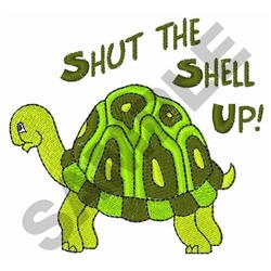 Playful turtle in vibrant greens with detailed shell patterns and fun 'SHUT THE SHELL UP!' text.