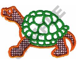 Playful turtle with a green shell and orange accents, showcasing a textured design, lively in motion.