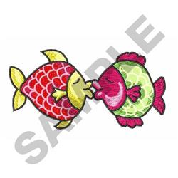 Playful cartoon fish, one red and one green, with large eyes and cute expressions, perfect for embroidery.