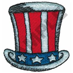 Cartoonish Uncle Sam hat with red and white stripes and a blue band featuring white stars, perfect for Independence Day.