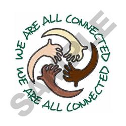 Four hands in various skin tones form a circle, surrounded by 'WE ARE ALL CONNECTED' text in vibrant green.