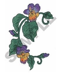 Beautiful violet flowers with intricate purple and yellow details, surrounded by lush green leaves in a realistic design.