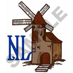 Traditional windmill with a reddish-brown roof, blue 'NL' text, and vibrant colors, perfect for home decor.