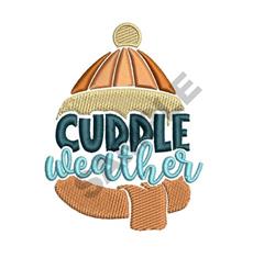 Cozy winter hat with a pom-pom in orange and beige, featuring 'CUDDLE' in teal and a soft scarf below.