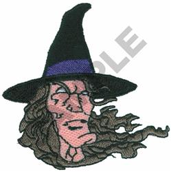 Whimsical witch with a pointed black hat and purple band, long flowing hair, perfect for Halloween decor.
