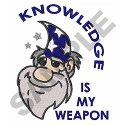 Playful wizard with a white beard and blue starry hat, featuring the phrase 'KNOWLEDGE IS MY WEAPON'.