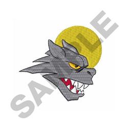 Cartoonish grey wolf head with sharp features and a vibrant yellow moon, capturing a dynamic and adventurous theme.