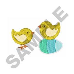 Two cheerful yellow chicks atop a speckled egg, in a vibrant style perfect for Easter-themed decorations.