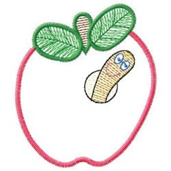 Playful apple with a pink outline and a friendly worm wearing glasses, adorned with green leaves.