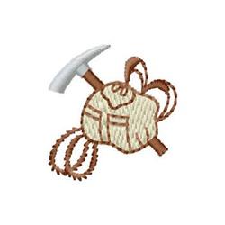Cartoonish backpack with pickaxe and rope, featuring earthy colors, perfect for outdoor adventures.