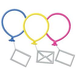 Embroidery hoop frames in playful balloon shapes: vibrant blue, yellow, and pink with charming gray outlines.