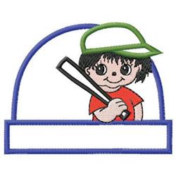 Playful cartoon boy with a baseball bat in a red shirt and green cap, framed by a blue arch.