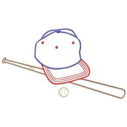 Cartoonish baseball cap with a blue brim and red accents, resting on a bat with a baseball in front, perfect for casual sport