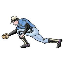 Cartoonish baseball player in blue uniform and cap, crouched and focused, ready to field a ball.