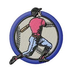 Cartoon baseball player in a pink shirt and blue pants, swinging a bat within a playful blue circular frame.