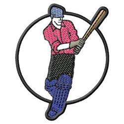 Cartoon baseball player in action, wearing a pink shirt and blue pants, holding a bat with a bold outline.