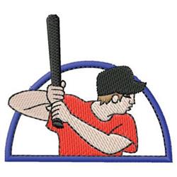 Cartoon-like baseball player in a red shirt and black cap, dynamic batting pose, perfect for youth sports themes.
