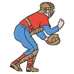 Cartoonish baseball player in a red jersey and blue pants, crouched with a glove, vibrant design for sports fans.