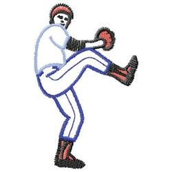 Playful baseball player in dynamic pitching stance, wearing a white jersey with blue stripes and red shoes.
