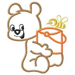 Cartoon bear with a big smile, holding a bright orange backpack, while a small yellow bee playfully rests on it.